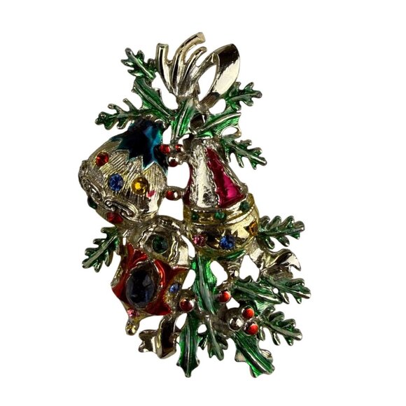 Holiday Gold Tone Christmas Pin Brooch CBJ Multi-Color Enamel Rhinestones - Picture 1 of 6